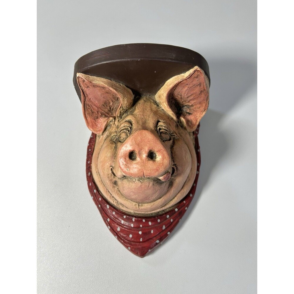 The Stone Bunny Smiling Pig with Red Bandana Wall Shelf Brackets Farmhouse Decor